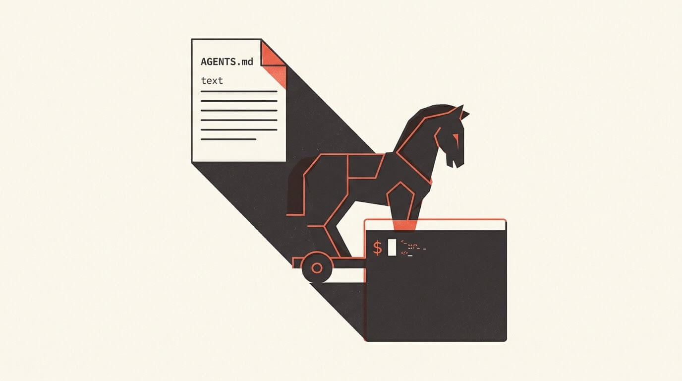 Illustration: an AGENTS.md file as a Trojan horse in front of a terminal